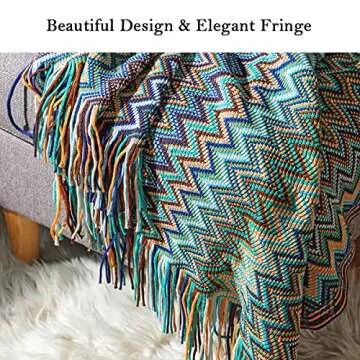 Boho Throw Blankets for Outdoor, Knitted with Tassel , Super Soft Cozy Lightweight Couch Decorative Bohemian afghans Blankets for Bed, Sofa - All Seasons (Blue 50x60 Inch)