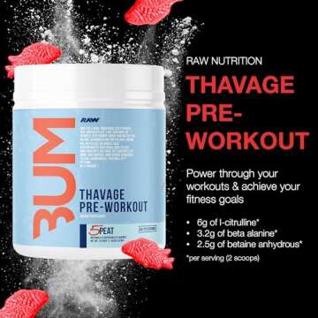 RAW Preworkout Powder, Thavage (5 Peat, Red Gummy) - Chris Bumstead Sports Nutrition Supplement for ...