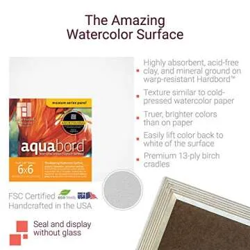 Ampersand Art Supply Watercolor Painting Panel: Museum Series Aquabord, 1/8 Inch Flat Profile, 6" x ...