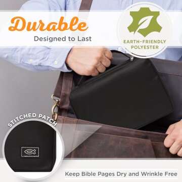 Christian Art Gifts Men or Women's Bible Cover Secure Zipper Jesus Fish, Black Canvas, Medium