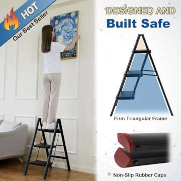 Double Elite Step Ladder 3 Step Folding, Sturdy 330 Lbs Small Step Stool for Adults, Safer Full Stee...