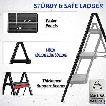 Double Elite Step Ladder 3 Step Folding, Sturdy 330 Lbs Small Step Stool for Adults, Safer Full Steel Multi-use Kitchen Ladder for Home, Closet Step Stool Ladder with Anti-Slip Wide Pedals, Black