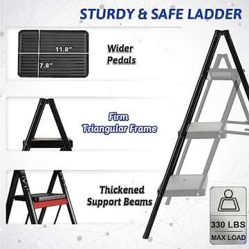 Double Elite Step Ladder 3 Step Folding, Sturdy 330 Lbs Small Step Stool for Adults, Safer Full Steel Multi-use Kitchen Ladder for Home, Closet Step Stool Ladder with Anti-Slip Wide Pedals, Black