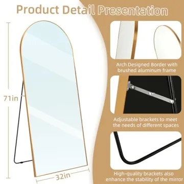 ZHUNFA Arched Full Length Mirror, 71x32 Oversized Floor Mirror with Stand, Gold Mirror Full Length, Aluminum Full Body Dressing Mirror with Arched-Top, Leaning for Living Room, Bedroom