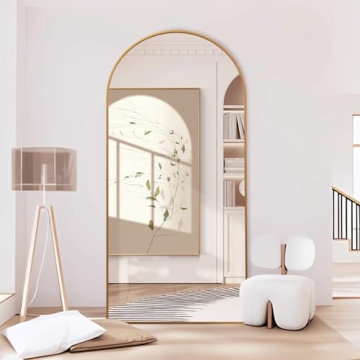ZHUNFA Arched Full Length Mirror, 71x32 Oversized Floor Mirror with Stand, Gold Mirror Full Length, Aluminum Full Body Dressing Mirror with Arched-Top, Leaning for Living Room, Bedroom