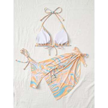 WDIRARA Women's All Over Marble Print Colorblock 3 Piece Swimsuit Halter Triangle Bikini Set with Be...