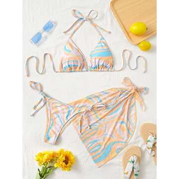 WDIRARA Women's All Over Marble Print Colorblock 3 Piece Swimsuit Halter Triangle Bikini Set with Beach Skirt Orange and Blue XS