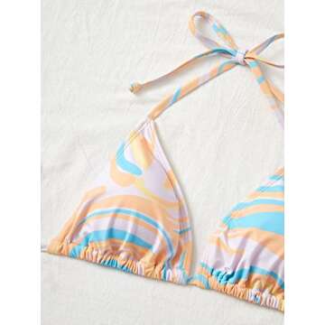 WDIRARA Women's All Over Marble Print Colorblock 3 Piece Swimsuit Halter Triangle Bikini Set with Beach Skirt Orange and Blue XS