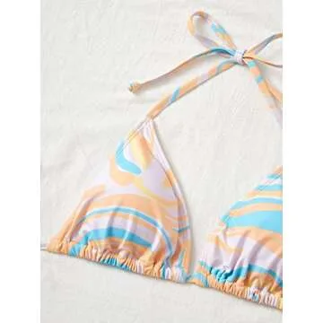 WDIRARA Women's All Over Marble Print Colorblock 3 Piece Swimsuit Halter Triangle Bikini Set with Beach Skirt Orange and Blue XS