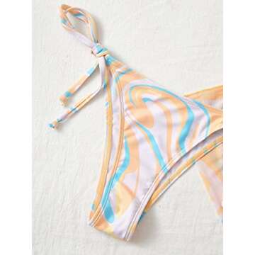 WDIRARA Women's All Over Marble Print Colorblock 3 Piece Swimsuit Halter Triangle Bikini Set with Beach Skirt Orange and Blue XS