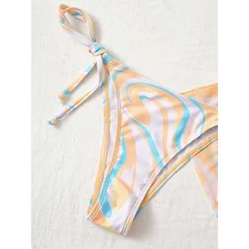 WDIRARA Women's All Over Marble Print Colorblock 3 Piece Swimsuit Halter Triangle Bikini Set with Beach Skirt Orange and Blue XS