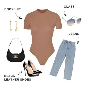 SHAPERX Women's Fit Everybody Bodysuit Soft Crew Neck T-shirt Body Suits with Thong Design, SZ5249-Sienna-S