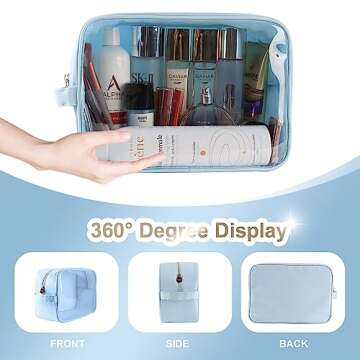 Bricte Large Clear Travel Toiletry Bag Clear Makeup Bag for Women Portable Travelling Clear Cosmetic Pouch TPU and Nylon (XL, Ice Blue)