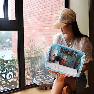 Bricte Large Clear Travel Toiletry Bag Clear Makeup Bag for Women Portable Travelling Clear Cosmetic Pouch TPU and Nylon (XL, Ice Blue)