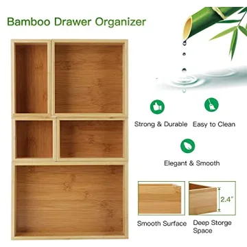 Elegant Bamboo Drawer Organizers - 5 Piece Set