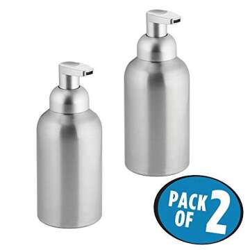 mDesign Large Modern Metal Foaming Soap Dispenser Pump Bottle for Kitchen Sink Countertop, Bathroom Vanity, Utility/Laundry Room, Garage - Save on Soap - Rust Free Aluminum - 2 Pack - Brushed/Silver