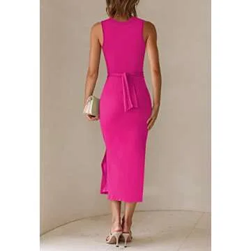 HUUSA Women's Fashion Crew Neck Sleeveless Midi Bodycon Dress Hollow Out High Slit Tank Dress Casual Knit Pullover Jumper Sweater Dress Twist Crisscross Wedding Guest Long Dress with Belt Rose S