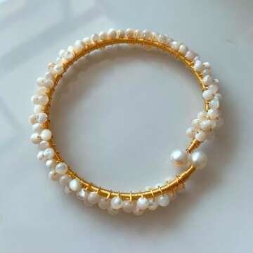 Handcrafted Natural Freshwater Baroque Pearl Bracelet,Winding Design,Opening Adjustable,14k Gold Plated Material (White Butterfly Shell)