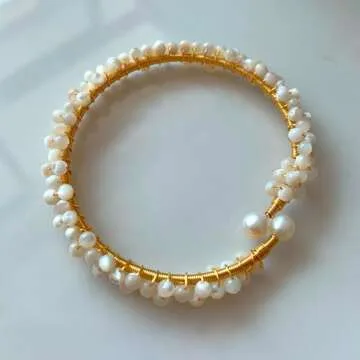 Handcrafted Natural Freshwater Baroque Pearl Bracelet,Winding Design,Opening Adjustable,14k Gold Plated Material (White Butterfly Shell)
