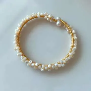 Handcrafted Natural Freshwater Baroque Pearl Bracelet,Winding Design,Opening Adjustable,14k Gold Plated Material (White Butterfly Shell)