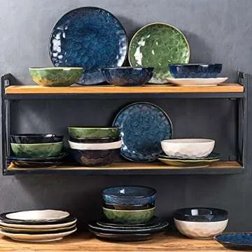 vicrays Ceramic Dessert Salad Plates, 8 Inch, Set of 6, Round, Microwave, Oven, and Dishwasher Safe, Scratch Resistant, Porcelain Fluted Suitable for Snacks, Appetizer, Home, Restaurant (Blue)