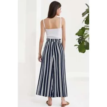 GRACE KARIN Summer Pants for Women Casual Pants High Waisted Adjustable Tie Front Business Work Trousers with Pockets Stripe Navy M