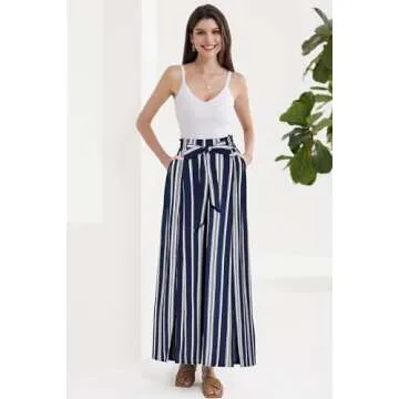 GRACE KARIN Summer Pants for Women Casual Pants High Waisted Adjustable Tie Front Business Work Trousers with Pockets Stripe Navy M