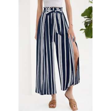 GRACE KARIN Summer Pants for Women Casual Pants High Waisted Adjustable Tie Front Business Work Trousers with Pockets Stripe Navy M