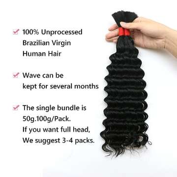 Deep Wave Bulk Human Hair for Braiding No Weft 100 g (1 Pack-2 Bundles) 100% Unprocessed Brazilian V...