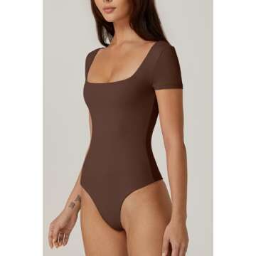 QINSEN Short Sleeve Bodysuit for Women Square Neck Tops Double Lined Smooth Basic T-Shirt Brown L