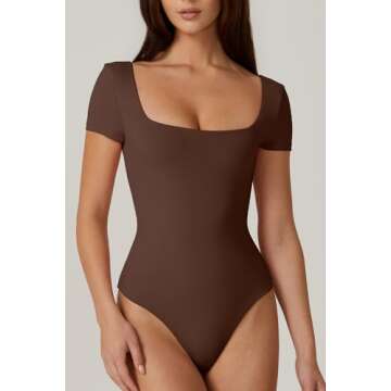 QINSEN Short Sleeve Bodysuit for Women Square Neck Tops Double Lined Smooth Basic T-Shirt Brown L