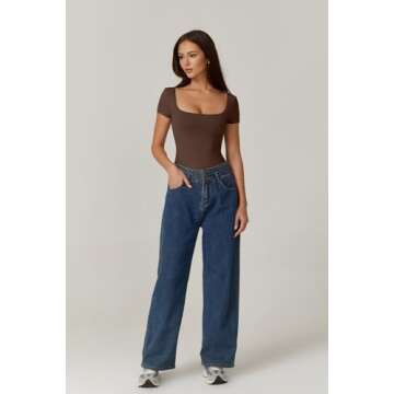 QINSEN Short Sleeve Bodysuit for Women Square Neck Tops Double Lined Smooth Basic T-Shirt Brown L