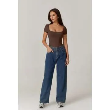 QINSEN Short Sleeve Bodysuit for Women Square Neck Tops Double Lined Smooth Basic T-Shirt Brown L