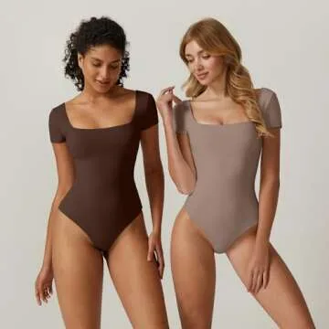 QINSEN Short Sleeve Bodysuit for Women Square Neck Tops Double Lined Smooth Basic T-Shirt Brown L