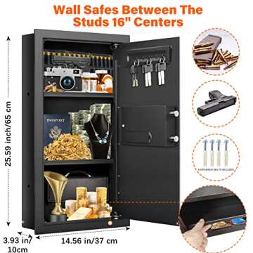 Nebakne 25.6" Tall Fireproof Wall Safes Between The Studs 16" Centers, Hidden Wall Safe with 2 Remov...