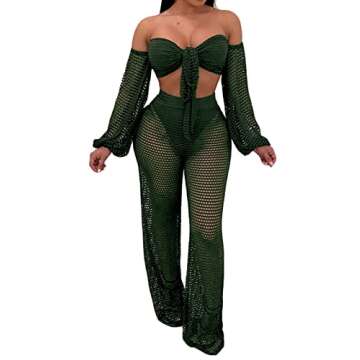 Elegant Two Piece Bikini Sets for Women Vacation Sexy Green Off The Shoulder Tube Top Long Straight Pants Cover Ups Swimwear Beach with Bandage(Small)