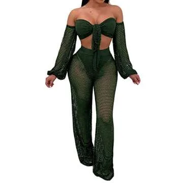 Elegant Two Piece Bikini Sets for Women Vacation Sexy Green Off The Shoulder Tube Top Long Straight Pants Cover Ups Swimwear Beach with Bandage(Small)