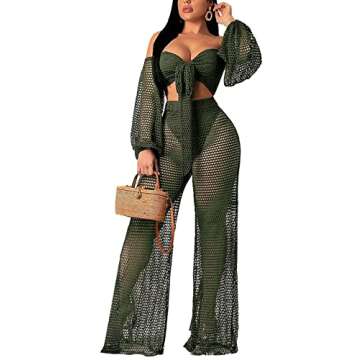 Elegant Two Piece Bikini Sets for Women Vacation Sexy Green Off The Shoulder Tube Top Long Straight Pants Cover Ups Swimwear Beach with Bandage(Small)