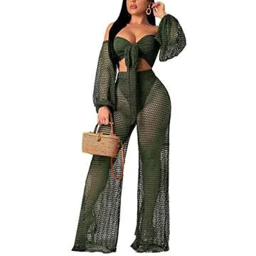 Elegant Two Piece Bikini Sets for Women Vacation Sexy Green Off The Shoulder Tube Top Long Straight Pants Cover Ups Swimwear Beach with Bandage(Small)