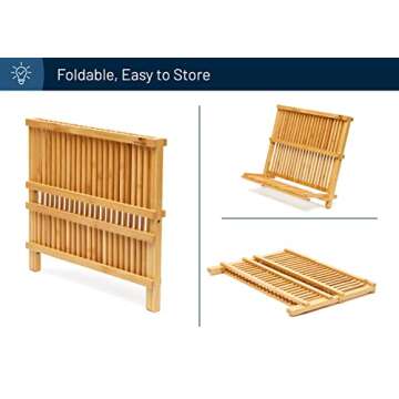 RoyalHouse Premium Natural Bamboo Dish Rack, Collapsible Dish Drainer, Foldable and Compact Dish Drying Rack for Kitchen Counter