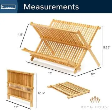 RoyalHouse Premium Natural Bamboo Dish Rack, Collapsible Dish Drainer, Foldable and Compact Dish Drying Rack for Kitchen Counter