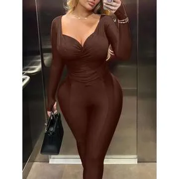 Women's Sexy 2 Piece Outfits V Neck Ruched Top Bodycon Flared Pant Set Y2k Streetwear Sweatsuit Coffee M