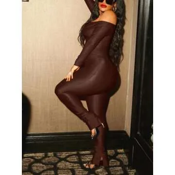 Women's Sexy 2 Piece Outfits V Neck Ruched Top Bodycon Flared Pant Set Y2k Streetwear Sweatsuit Coffee M