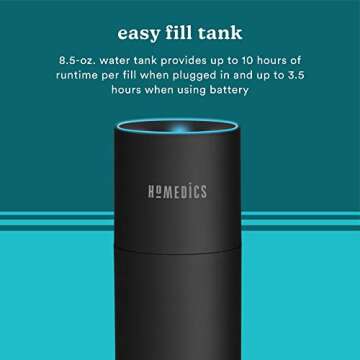 Homedics Portable Humidifier - Small Air Humidifiers for Bedroom, Plants, Office, Travel - Cool Mist Humidifiers, Color-Changing Accent Light, 2 Mist Settings, Black