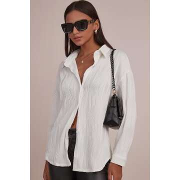 CHYRII Women's White Button Down Long Sleeve Shirts Wave Textured Casual Work Office Blouse Tops S