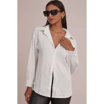 CHYRII Women's White Button Down Long Sleeve Shirts Wave Textured Casual Work Office Blouse Tops S