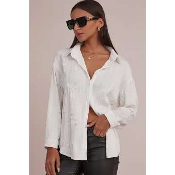 CHYRII Women's White Button Down Long Sleeve Shirts Wave Textured Casual Work Office Blouse Tops S