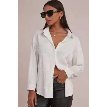 CHYRII Women's White Button Down Long Sleeve Shirts Wave Textured Casual Work Office Blouse Tops S