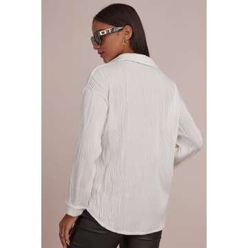 CHYRII Women's White Button Down Long Sleeve Shirts Wave Textured Casual Work Office Blouse Tops S