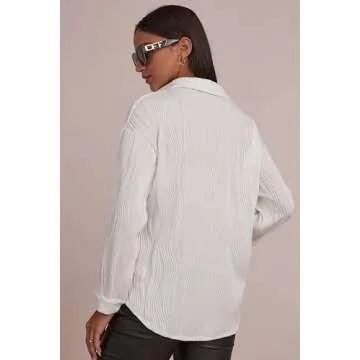 CHYRII Women's White Button Down Long Sleeve Shirts Wave Textured Casual Work Office Blouse Tops S